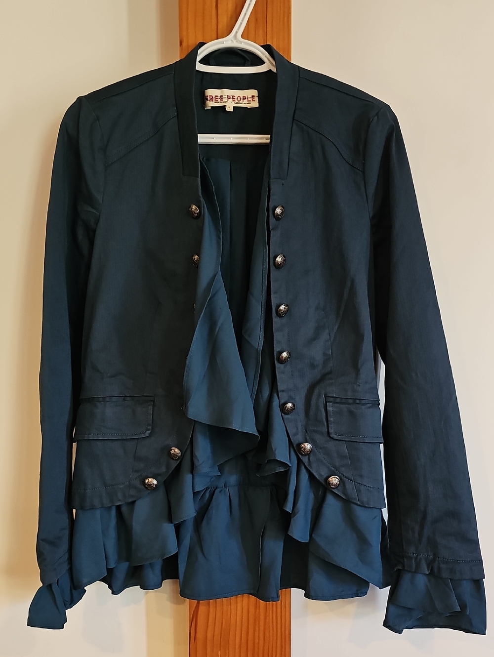 Free People Deep Teal Ruffle Military-Style Blazer